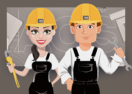 Cartoon of ACS Mixers colleagues with tools and hardhats